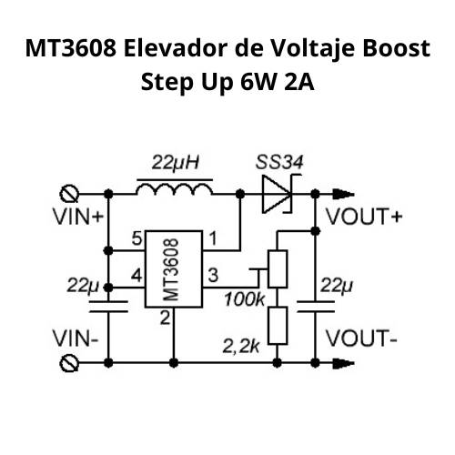 Esquemático MT3608 Elevador de Voltaje Boost Step Up 6W 2A